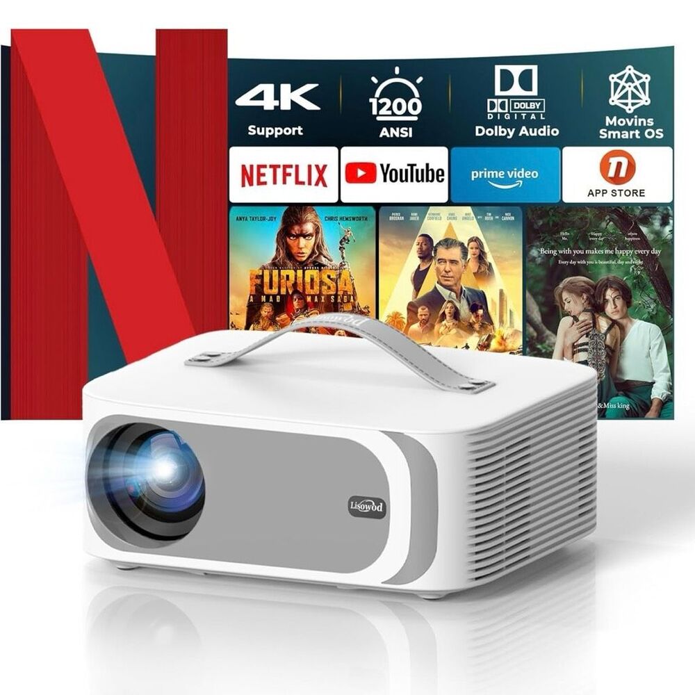 Lisowood L61Pro 4K Projector with Netflix /Prime Video /YouTube; Native 1080P; A